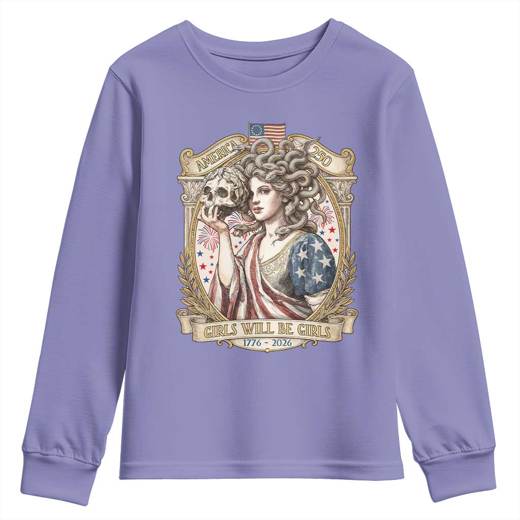 Feminist Medusa Girls Will Be Girls Youth Sweatshirt USA 250 Anniversary Gift TS12 Violet Print Your Wear