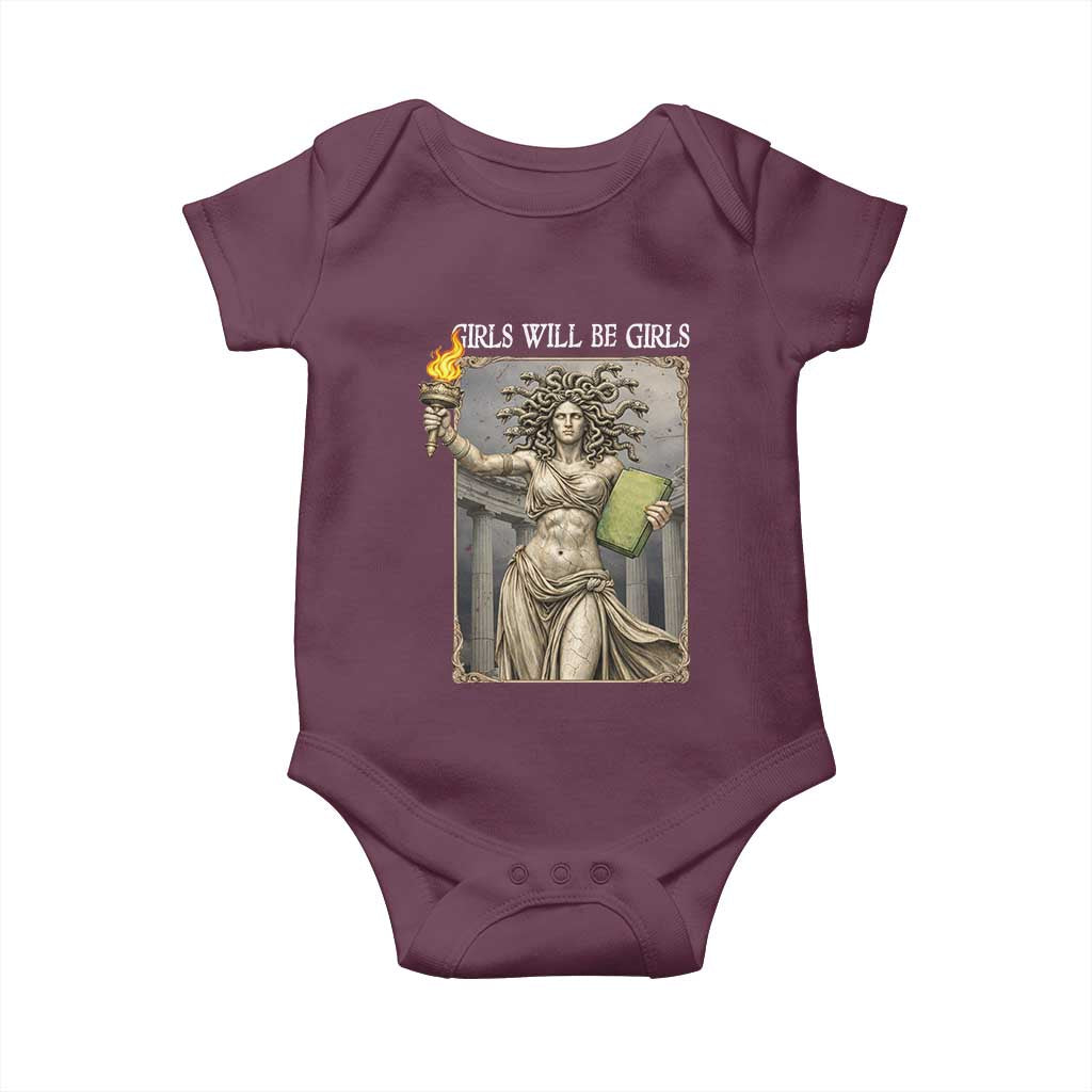 Funny Feminist Medusa Statue Of Liberty Baby Onesie Girls Will Be Girls TS12 Maroon Print Your Wear