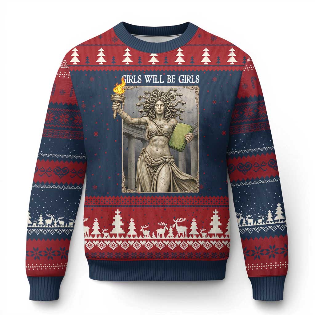 Funny Feminist Medusa Statue Of Liberty Ugly Christmas Sweater Girls Will Be Girls TS12 Navy Red Print Your Wear