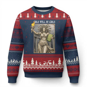 Funny Feminist Medusa Statue Of Liberty Ugly Christmas Sweater Girls Will Be Girls TS12 Navy Red Print Your Wear