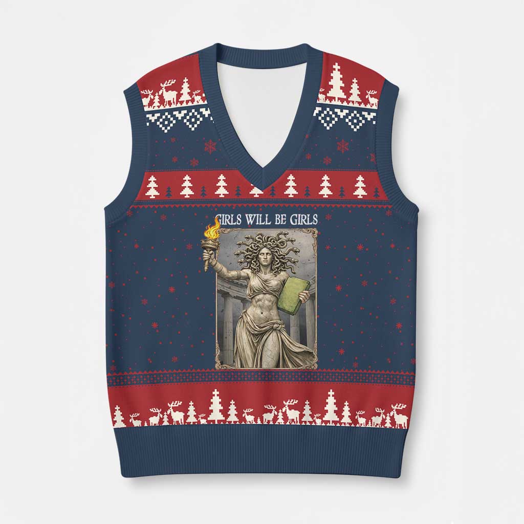 Funny Feminist Medusa Statue Of Liberty V-Neck Knit Sweater Vest Girls Will Be Girls TS12 Navy Red Print Your Wear