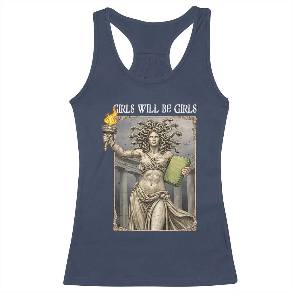 Funny Feminist Medusa Statue Of Liberty Racerback Tank Top Girls Will Be Girls TS12 Navy Print Your Wear