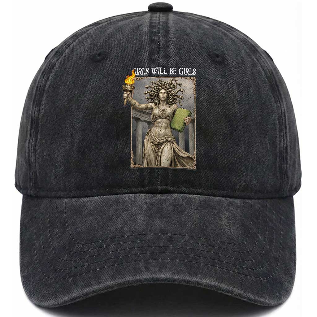 Funny Feminist Medusa Statue Of Liberty Washed Cotton Baseball Cap Girls Will Be Girls TS12 Washed Cap Universal Fit Black Print Your Wear