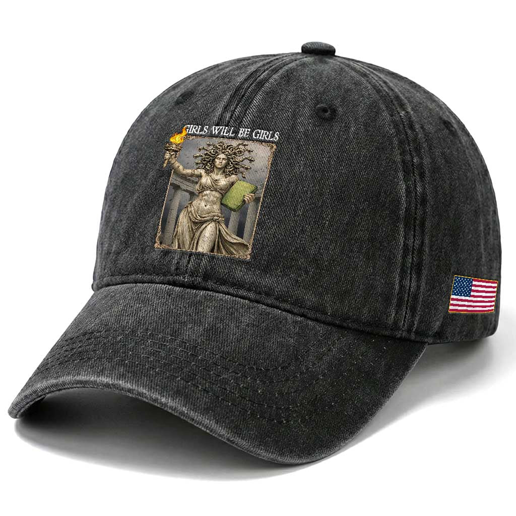 Funny Feminist Medusa Statue Of Liberty Washed Cotton Baseball Cap Girls Will Be Girls TS12 Print Your Wear