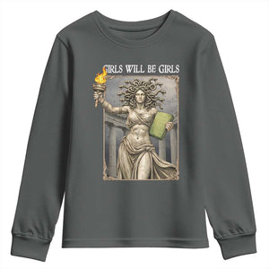 Funny Feminist Medusa Statue Of Liberty Youth Sweatshirt Girls Will Be Girls TS12 Dark Heather Print Your Wear