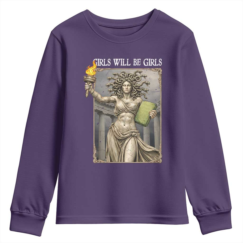Funny Feminist Medusa Statue Of Liberty Youth Sweatshirt Girls Will Be Girls TS12 Purple Print Your Wear