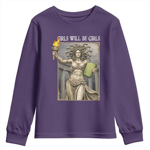 Funny Feminist Medusa Statue Of Liberty Youth Sweatshirt Girls Will Be Girls TS12 Purple Print Your Wear