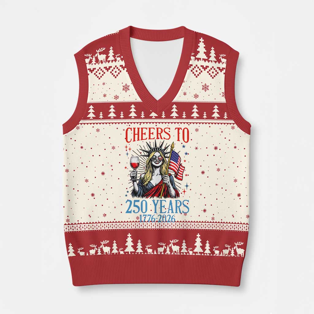Funny Patriotic Statue Of Liberty V-Neck Knit Sweater Vest Cheers To 250 Years TS12 Beige Red Print Your Wear