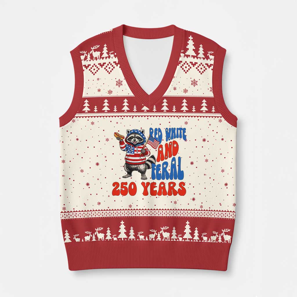 Funny Patriotic Raccoon V-Neck Knit Sweater Vest Red White And Feral 250 Years TS12 Beige Red Print Your Wear