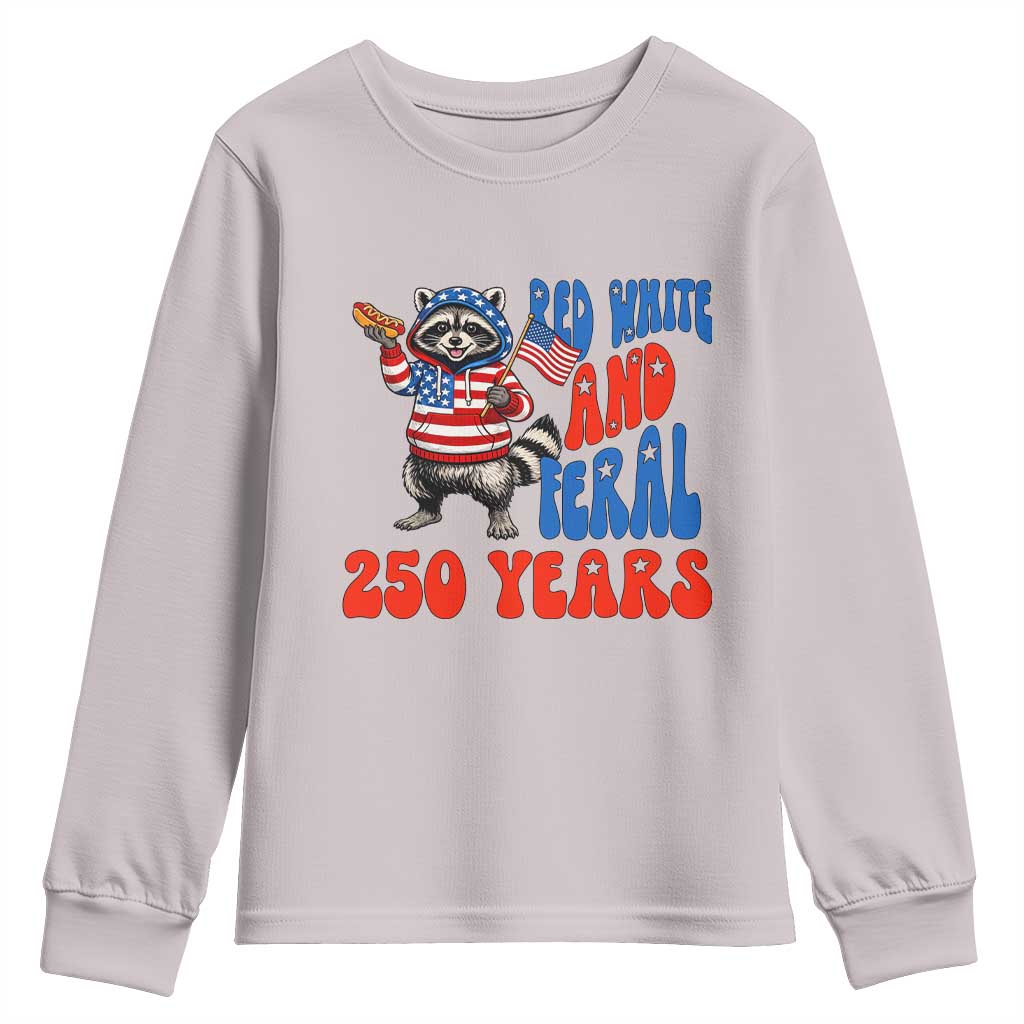 Funny Patriotic Raccoon Youth Sweatshirt Red White And Feral 250 Years TS12 Ice Gray Print Your Wear