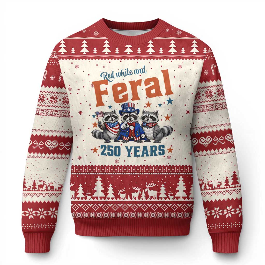 Funny Raccoon Red White And Feral America 250 Ugly Christmas Sweater TS12 Beige Red Print Your Wear