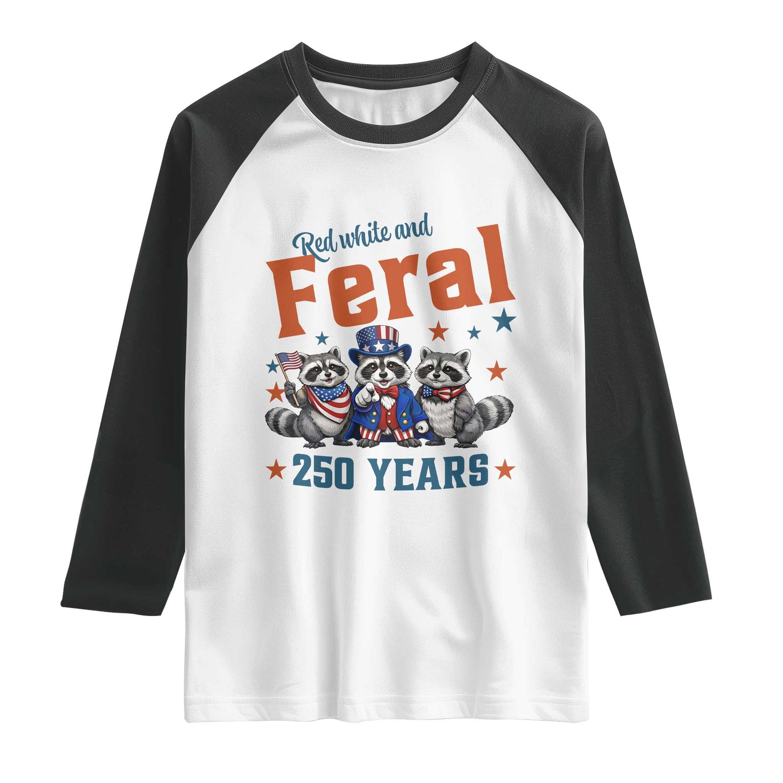 Funny Raccoon Red White And Feral America 250 Raglan Shirt TS12 White Black Print Your Wear