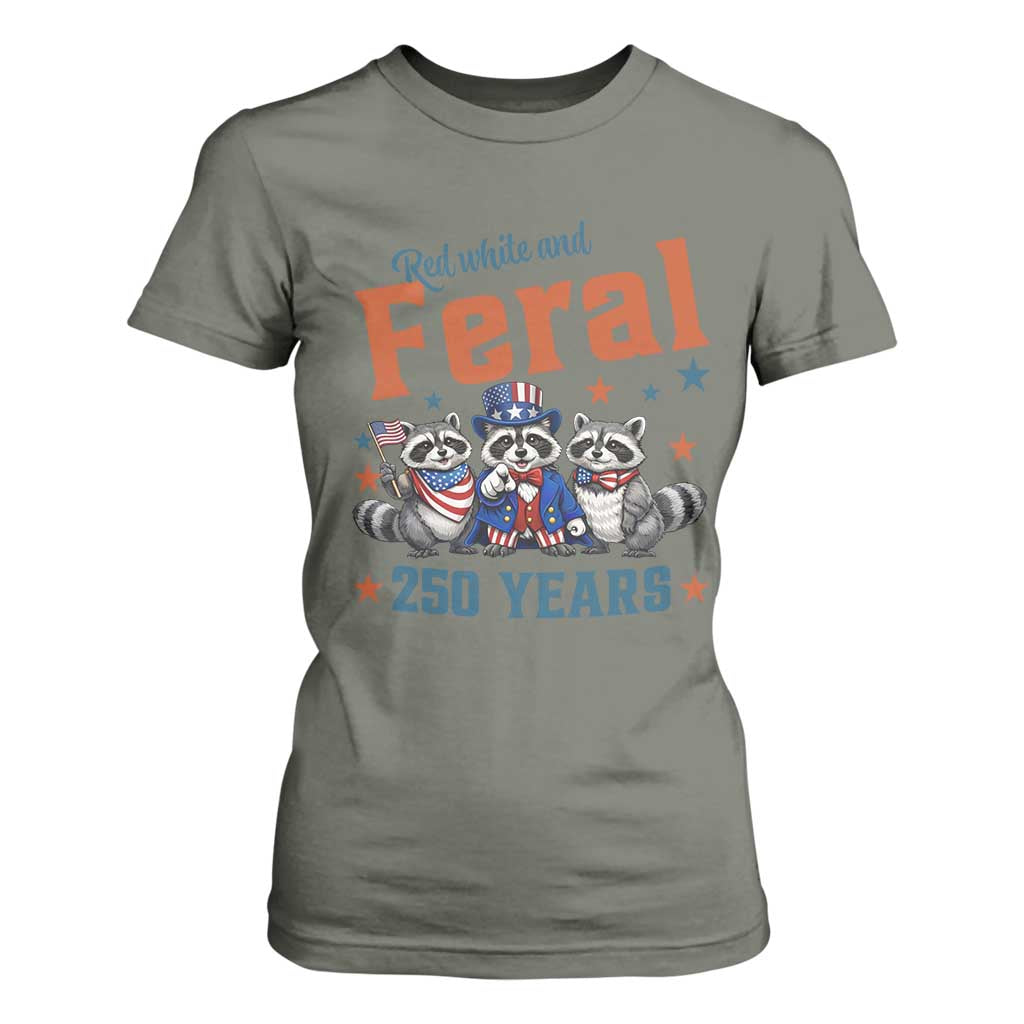Funny Raccoon Red White And Feral America 250 T Shirt For Women TS12 Military Green Print Your Wear