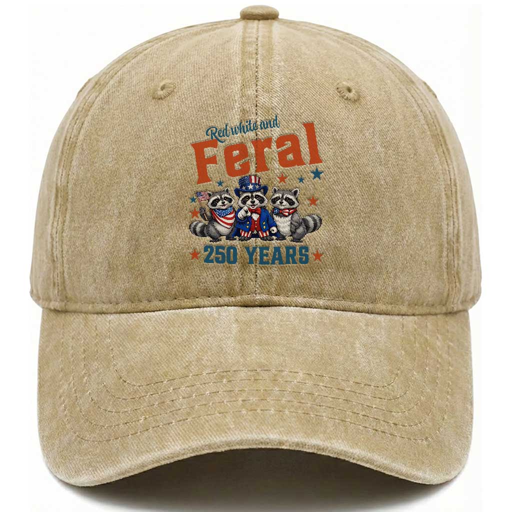 Funny Raccoon Red White And Feral America 250 Washed Cotton Baseball Cap TS12 Washed Cap Universal Fit Khaki Print Your Wear