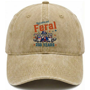 Funny Raccoon Red White And Feral America 250 Washed Cotton Baseball Cap TS12 Washed Cap Universal Fit Khaki Print Your Wear