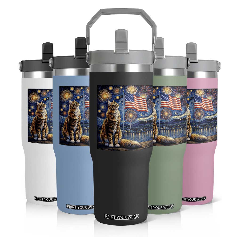 Patriotic Starry Night Cat Flip Straw Tumbler Cat Lover Gift TS12 Print Your Wear