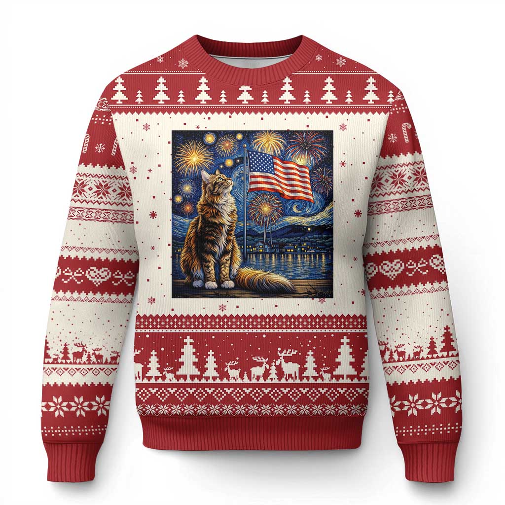 Patriotic Starry Night Cat Ugly Christmas Sweater Cat Lover Gift TS12 Beige Red Print Your Wear