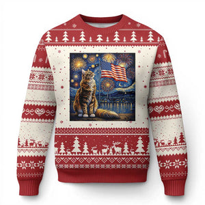 Patriotic Starry Night Cat Ugly Christmas Sweater Cat Lover Gift TS12 Beige Red Print Your Wear