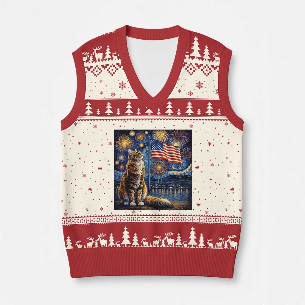Patriotic Starry Night Cat V-Neck Knit Sweater Vest Cat Lover Gift TS12 Beige Red Print Your Wear