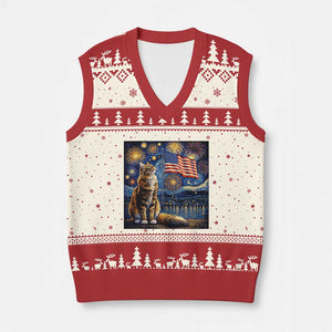 Patriotic Starry Night Cat V-Neck Knit Sweater Vest Cat Lover Gift TS12 Beige Red Print Your Wear