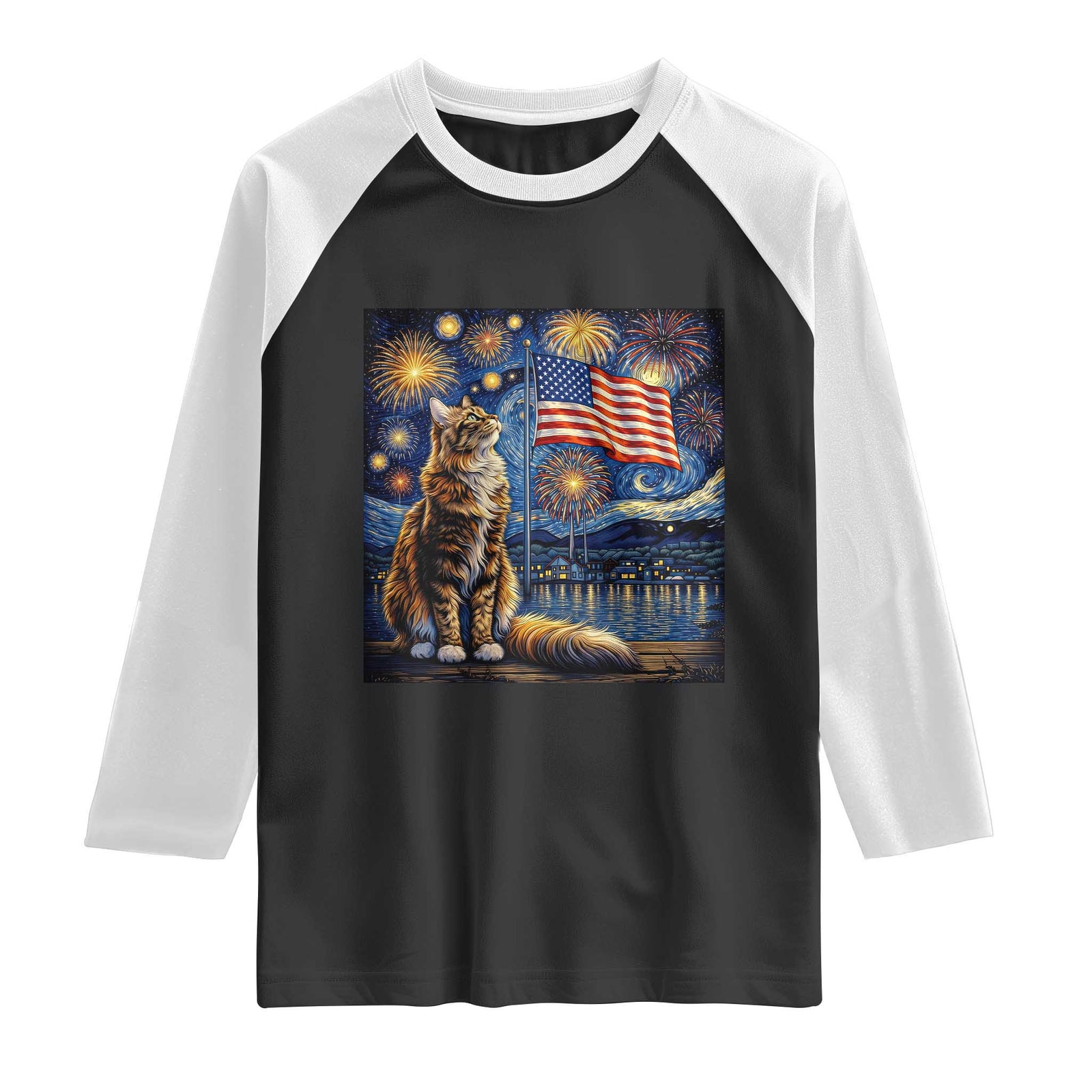Patriotic Starry Night Cat Raglan Shirt Cat Lover Gift TS12 Black White Print Your Wear