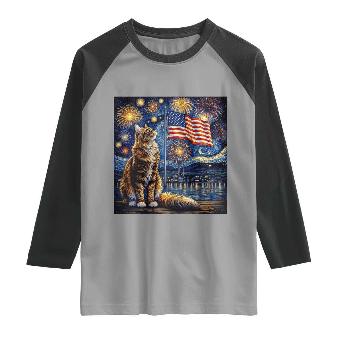 Patriotic Starry Night Cat Raglan Shirt Cat Lover Gift TS12 Sport Gray Black Print Your Wear