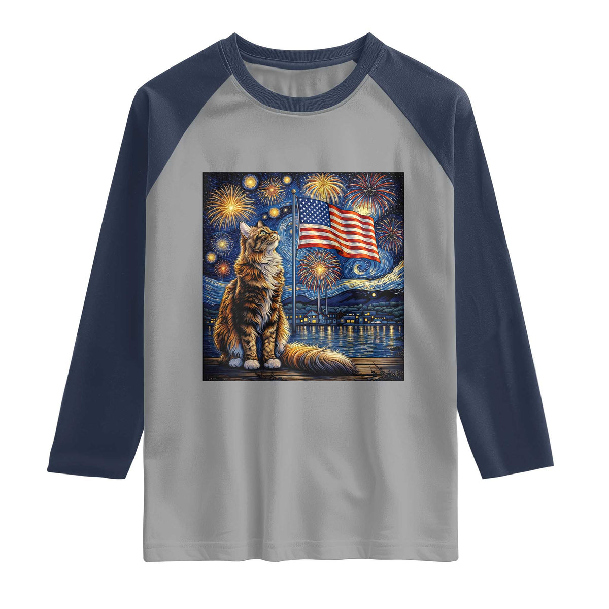 Patriotic Starry Night Cat Raglan Shirt Cat Lover Gift TS12 Sport Gray Navy Print Your Wear