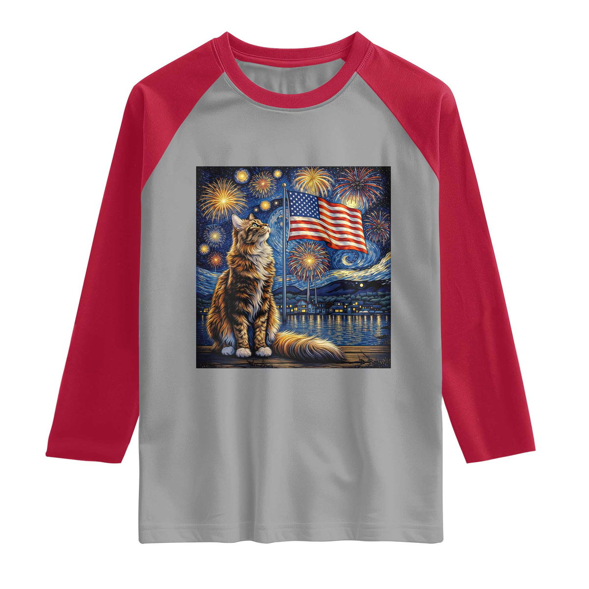 Patriotic Starry Night Cat Raglan Shirt Cat Lover Gift TS12 Sport Gray Red Print Your Wear