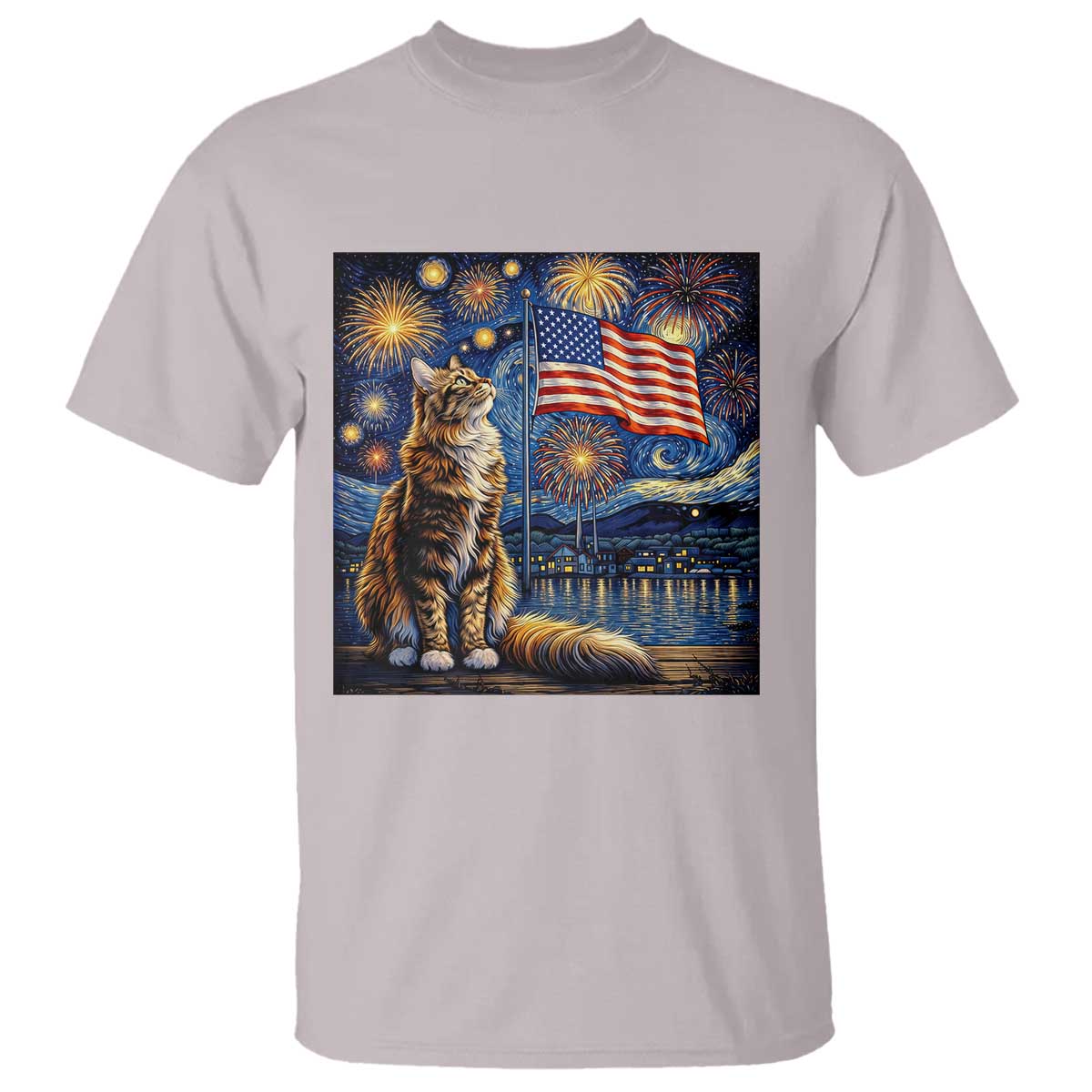 Patriotic Starry Night Cat T Shirt Cat Lover Gift TS12 Ice Gray Print Your Wear