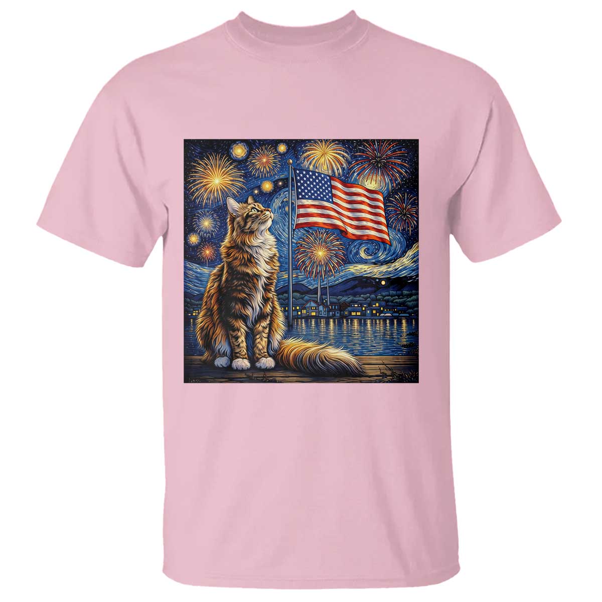 Patriotic Starry Night Cat T Shirt Cat Lover Gift TS12 Light Pink Print Your Wear