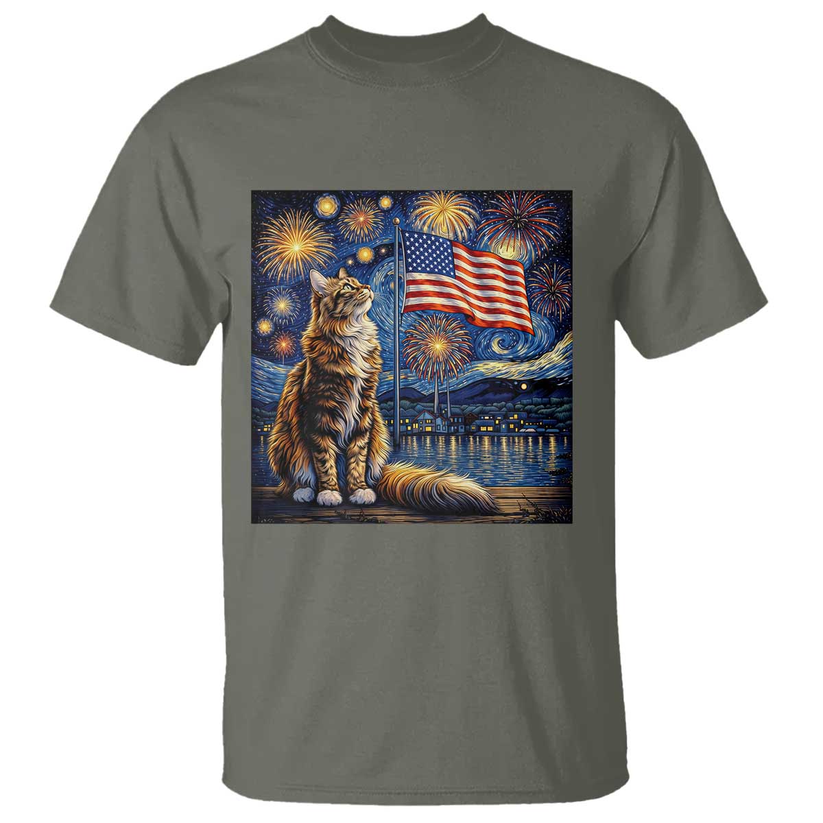 Patriotic Starry Night Cat T Shirt Cat Lover Gift TS12 Military Green Print Your Wear