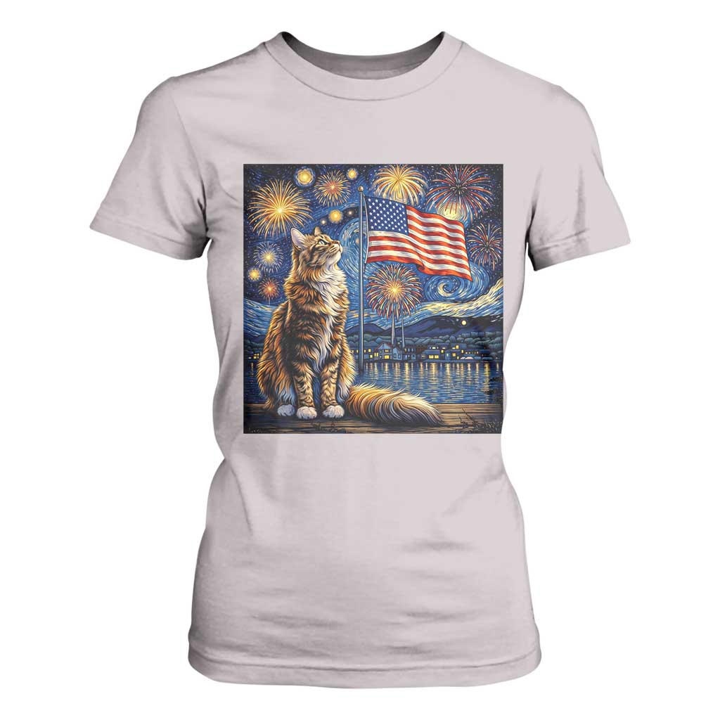 Patriotic Starry Night Cat T Shirt For Women Cat Lover Gift TS12 Ice Gray Print Your Wear