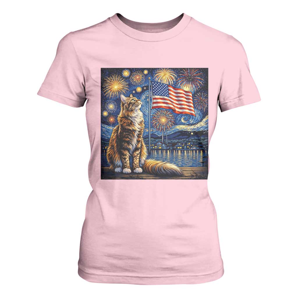 Patriotic Starry Night Cat T Shirt For Women Cat Lover Gift TS12 Light Pink Print Your Wear