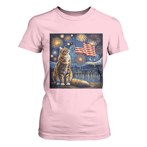 Patriotic Starry Night Cat T Shirt For Women Cat Lover Gift TS12 Light Pink Print Your Wear