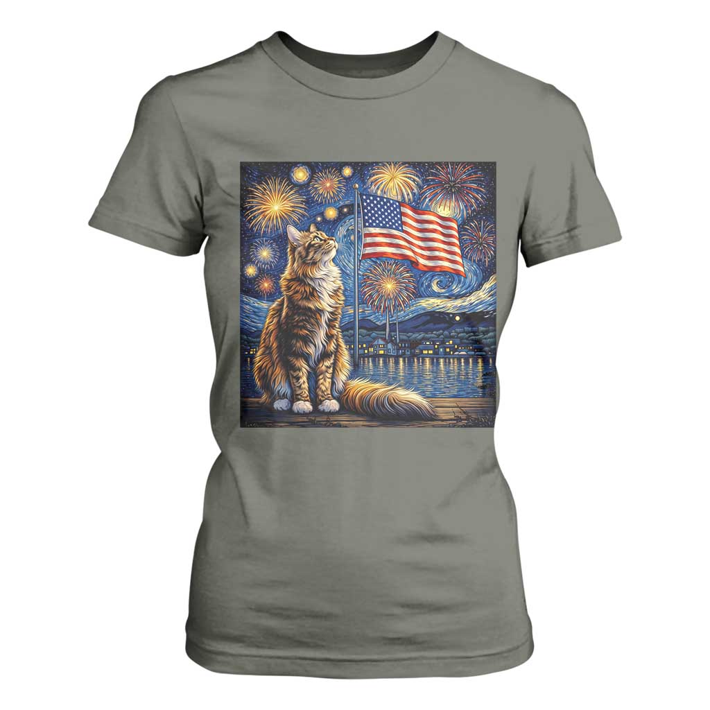 Patriotic Starry Night Cat T Shirt For Women Cat Lover Gift TS12 Military Green Print Your Wear