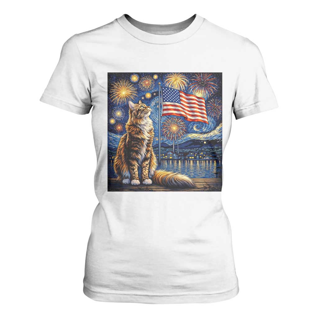 Patriotic Starry Night Cat T Shirt For Women Cat Lover Gift TS12 White Print Your Wear