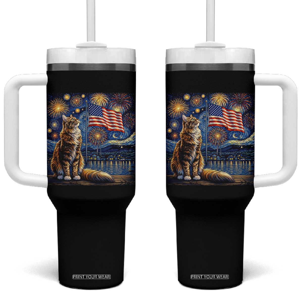 Patriotic Starry Night Cat Tumbler With Handle Cat Lover Gift TS12 One Size: 40 oz Black Print Your Wear