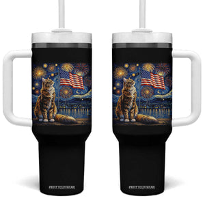 Patriotic Starry Night Cat Tumbler With Handle Cat Lover Gift TS12 One Size: 40 oz Black Print Your Wear