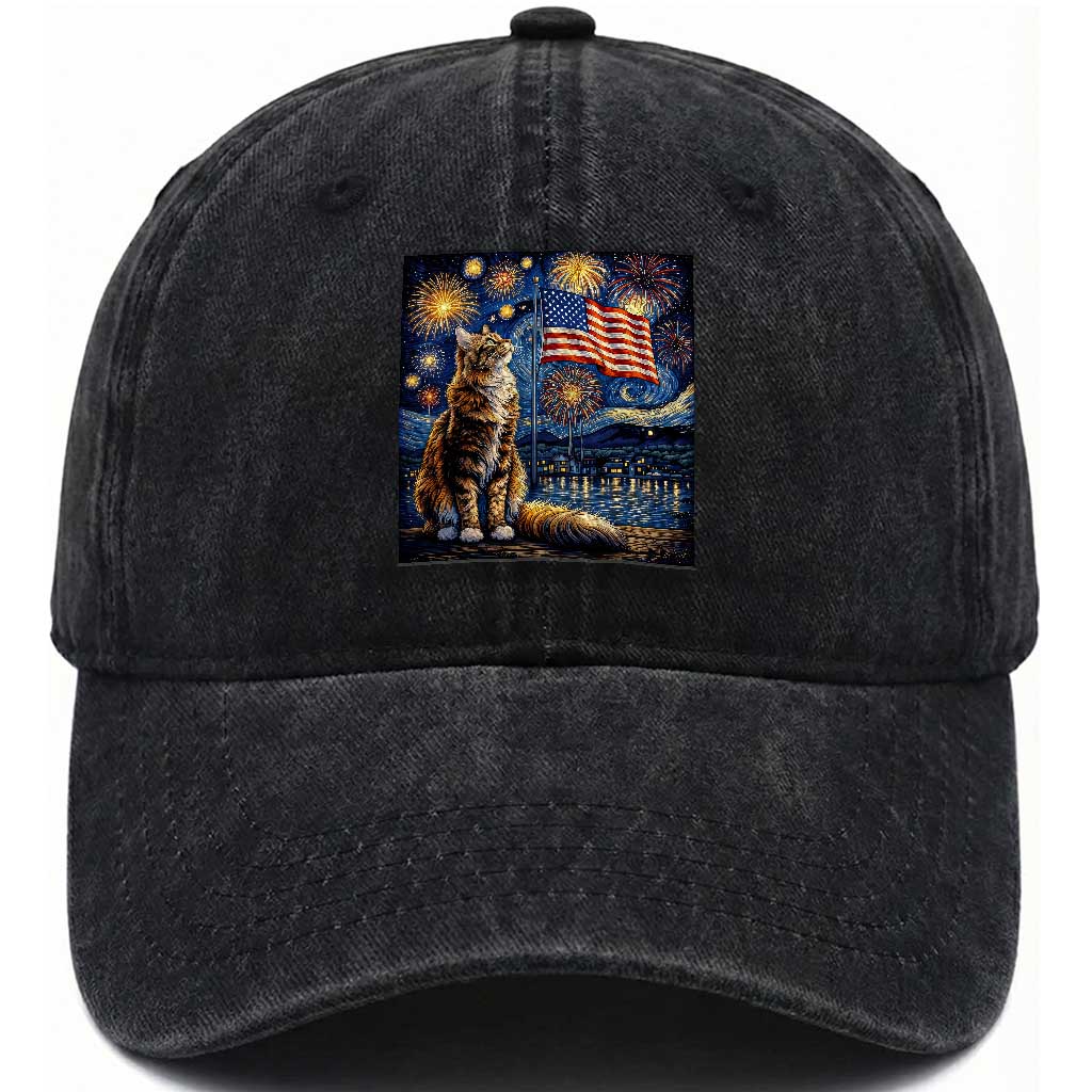 Patriotic Starry Night Cat Washed Cotton Baseball Cap Cat Lover Gift TS12 Washed Cap Universal Fit Black Print Your Wear