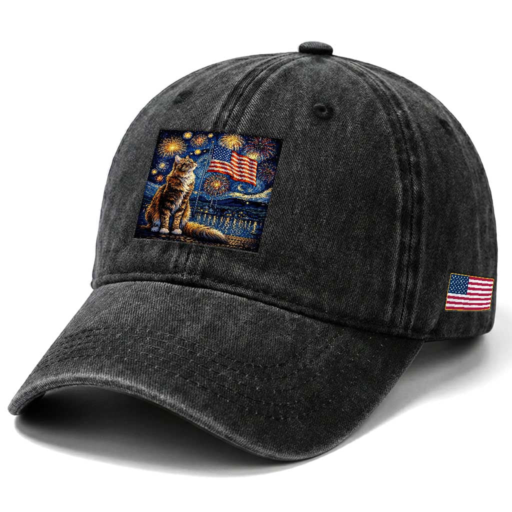 Patriotic Starry Night Cat Washed Cotton Baseball Cap Cat Lover Gift TS12 Print Your Wear