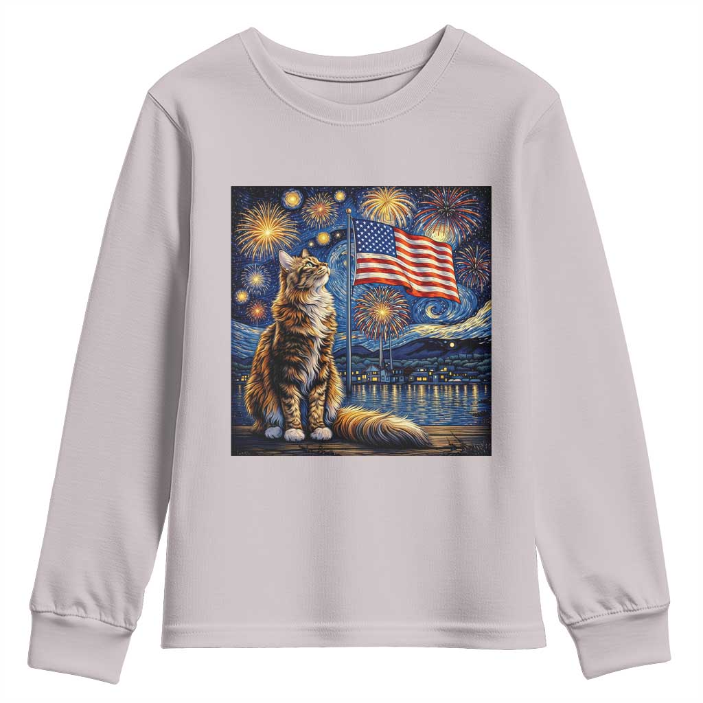 Patriotic Starry Night Cat Youth Sweatshirt Cat Lover Gift TS12 Ice Gray Print Your Wear