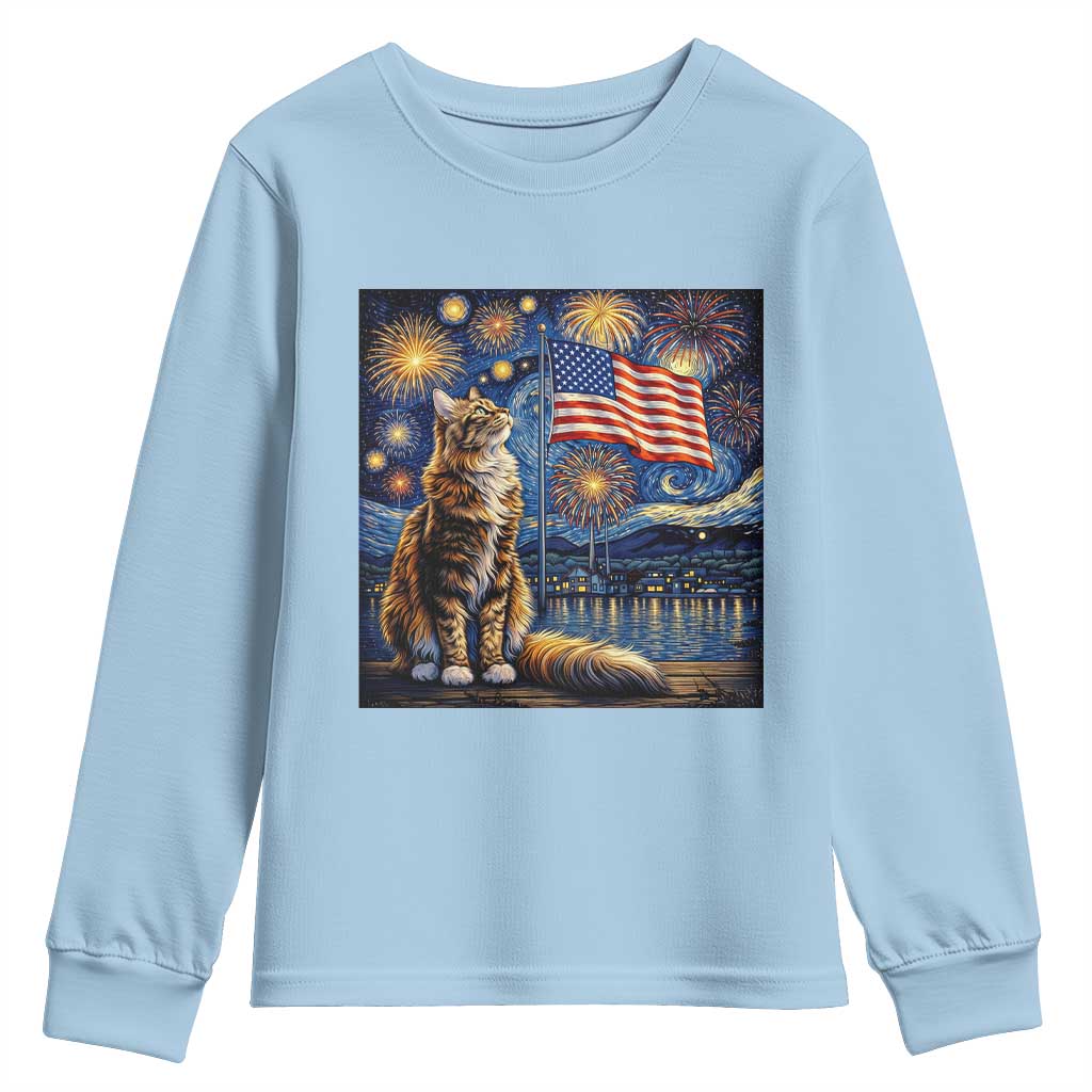 Patriotic Starry Night Cat Youth Sweatshirt Cat Lover Gift TS12 Light Blue Print Your Wear