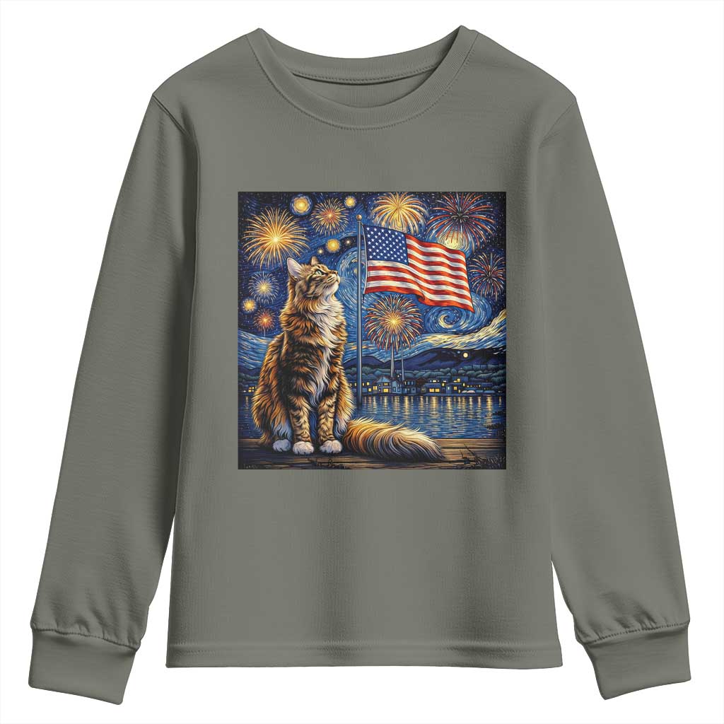 Patriotic Starry Night Cat Youth Sweatshirt Cat Lover Gift TS12 Military Green Print Your Wear