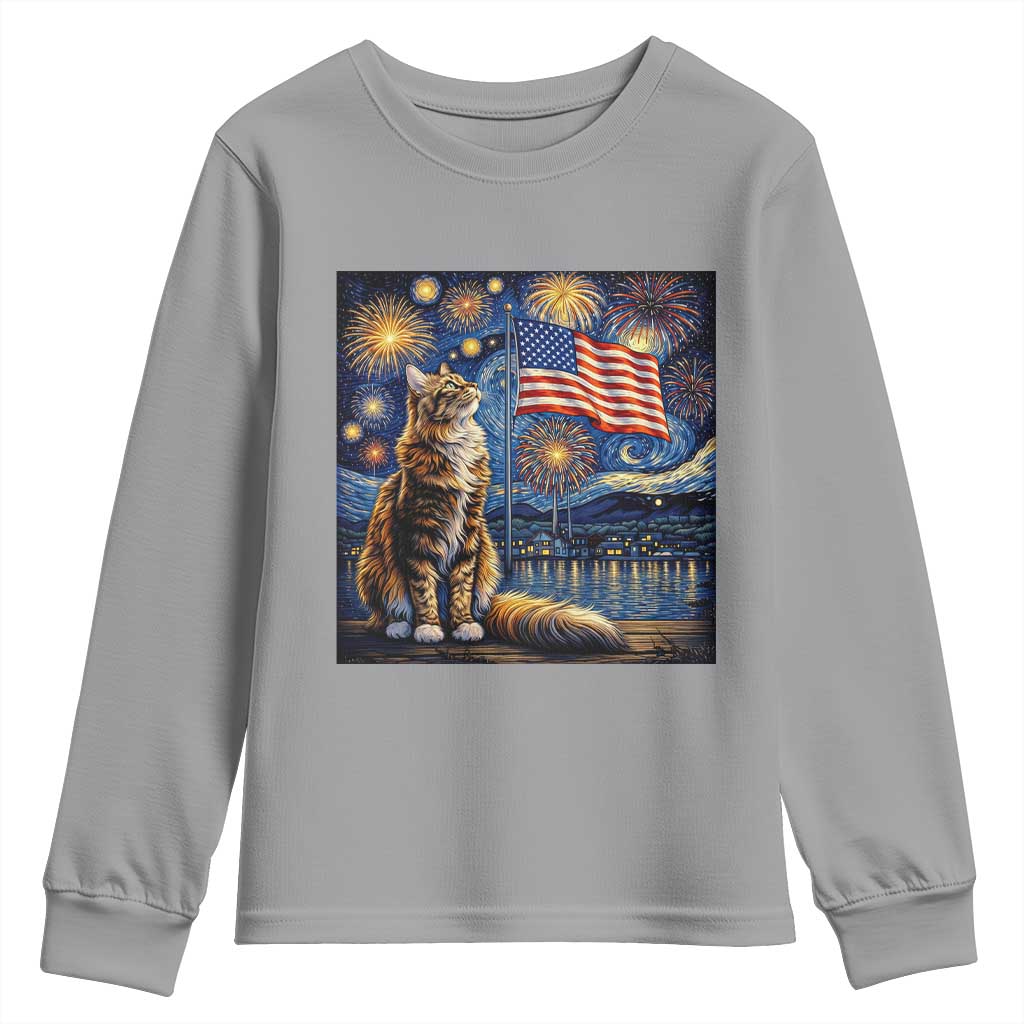 Patriotic Starry Night Cat Youth Sweatshirt Cat Lover Gift TS12 Sport Gray Print Your Wear