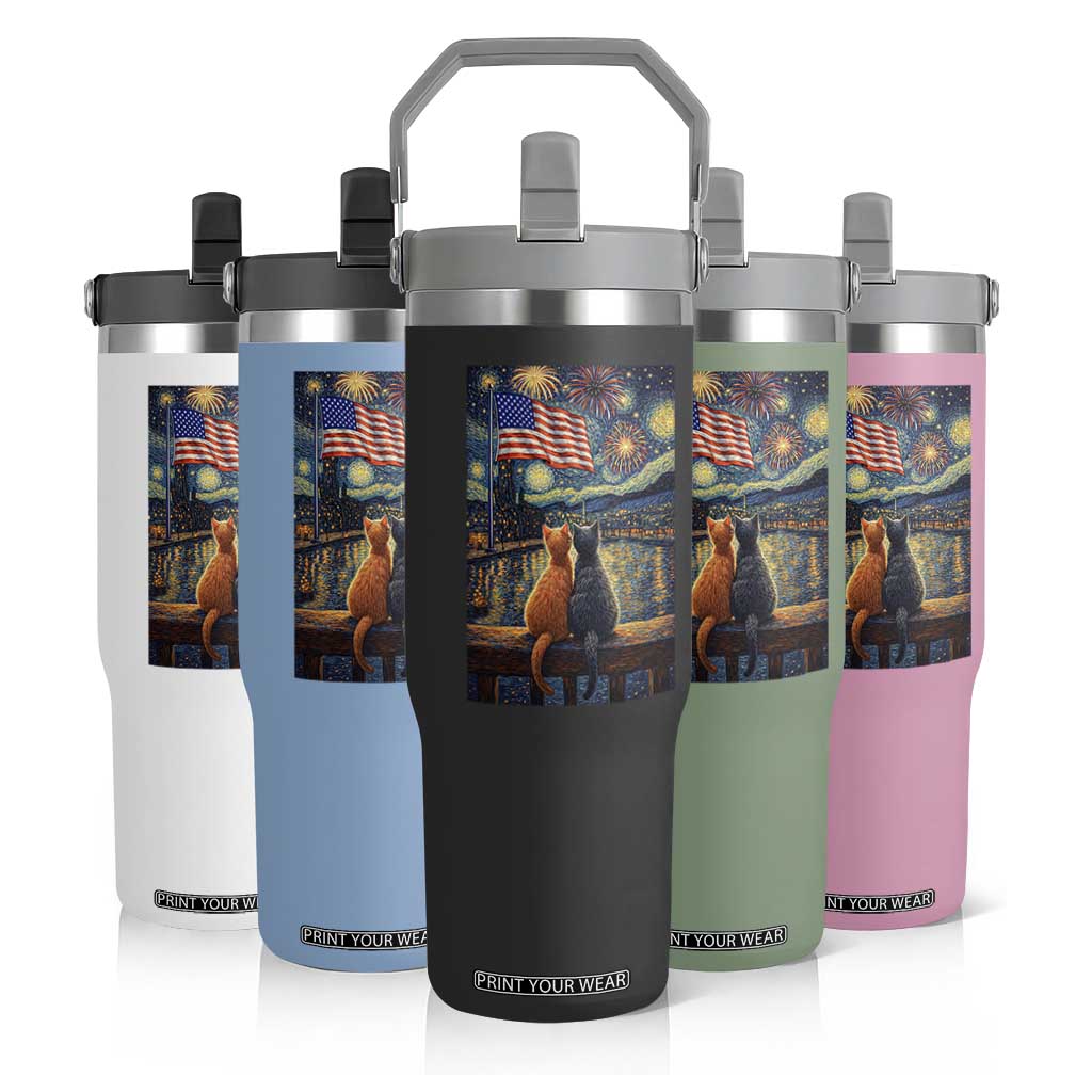 Starry Night Cat Patriotic American Pride Flip Straw Tumbler TS12 Print Your Wear