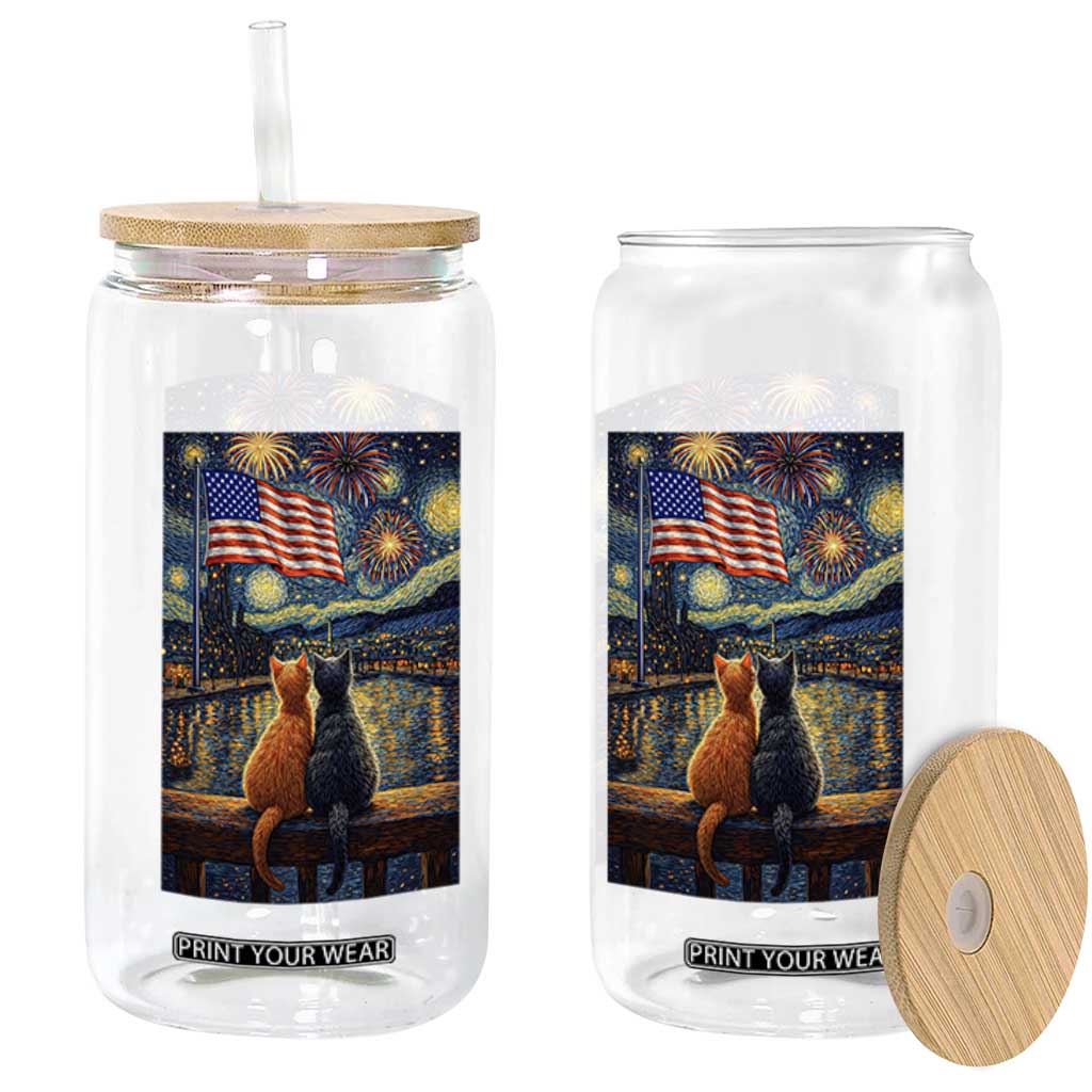 Starry Night Cat Patriotic American Pride Glass Can TS12 Print Your Wear