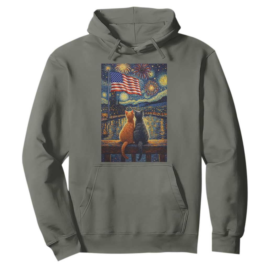 Starry Night Cat Patriotic American Pride Hoodie TS12 Military Green Print Your Wear