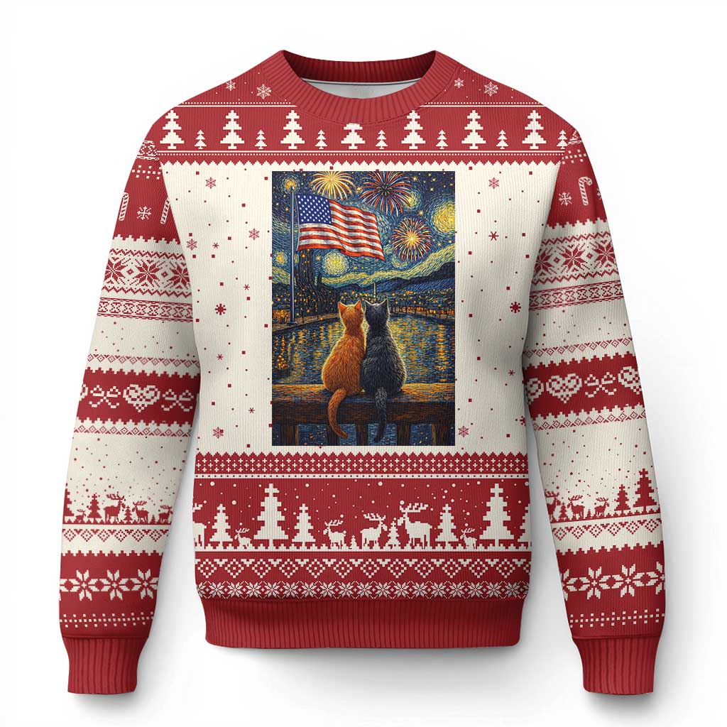 Starry Night Cat Patriotic American Pride Ugly Christmas Sweater TS12 Beige Red Print Your Wear