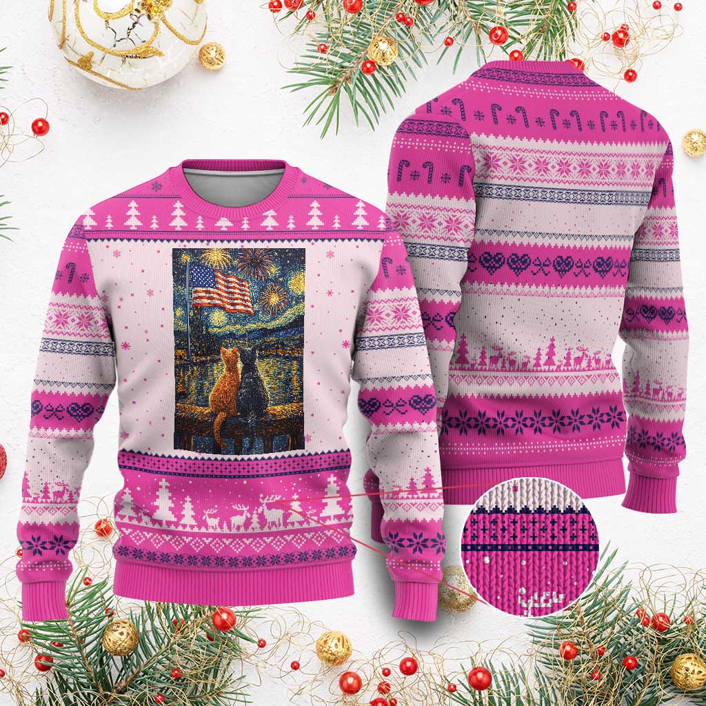 Starry Night Cat Patriotic American Pride Ugly Christmas Sweater TS12 Hot Pink Print Your Wear