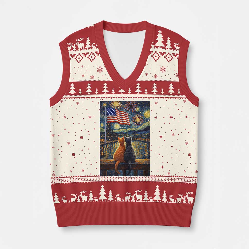 Starry Night Cat Patriotic American Pride V-Neck Knit Sweater Vest TS12 Beige Red Print Your Wear